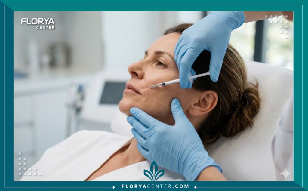 طبيب تجميل يحقن بدقة مزيج الفيلر والبلازما جيل لتعبئة خطوط الابتسامة العميقة وتحسين مظهر الوجه.