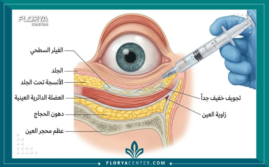 رسم توضيحي طبي لتجويف العين السطحي وحقن الفيلر لزوايا العين
