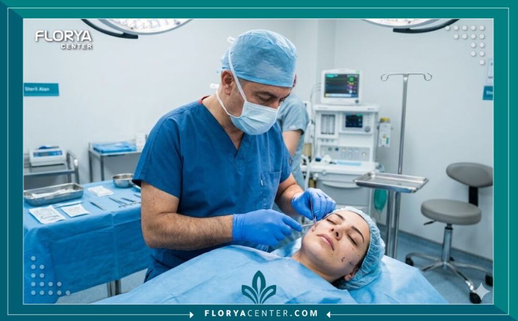 جراح تجميل مؤهل يقوم بإجراء تجميل غمازات الوجه بالخيط الجراحي البسيط في غرفة عمليات معقمة واحترافية في إسطنبول.