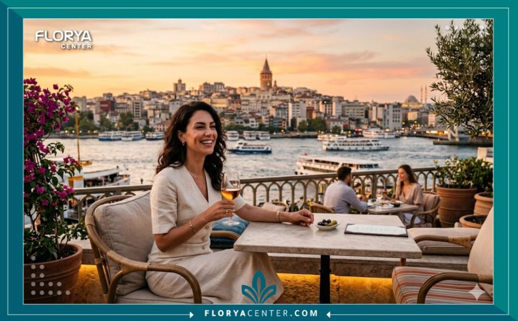 سيدة تبتسم بغمازة جذابة على تراس يطل على البوسفور في إسطنبول بعد إجراء تجميل غمازات الوجه بالخيط، السياحة العلاجية في تركيا.