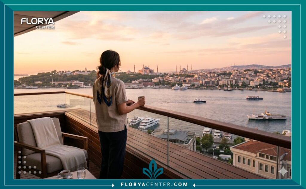 مريض يقضي فترة نقاهة مريحة على شرفة تطل على مضيق البوسفور في إسطنبول بعد تجميل الصوت.