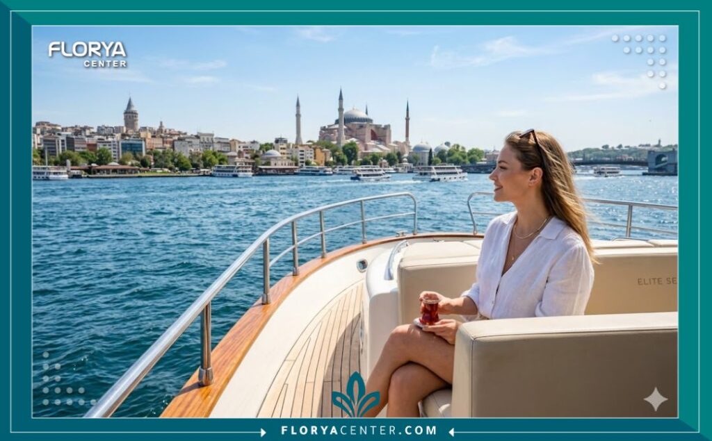مريضة تستمتع برحلة بحرية في البوسفور باسطنبول بعد نجاح عملية تحديد الفك بتقنية تكساس في تركيا، تظهر المعالم السياحية مثل برج غلاطة.