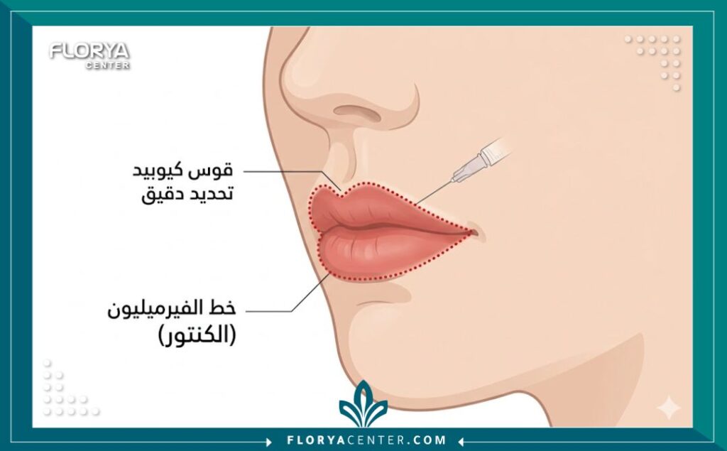 رسم تخطيطي طبي يوضح تشريح الشفاه والمناطق المستهدفة لحقن فيلر الكنتور لتحديد حواف الشفاه (خط الفيرميليون) بدقة دون زيادة الحجم.