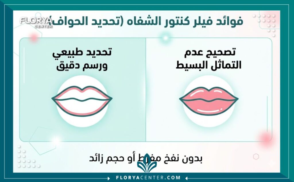إنفوجرافيك يوضح فوائد فيلر تحديد خط الشفاه بفيلر الكنتور الشفاه في تركيا، مع التركيز على التحديد الطبيعي، رسم الحواف بدقة، وتصحيح عدم التماثل دون نفخ مفرط.