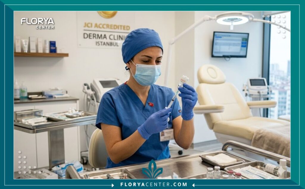 طبيبة تجميل متخصصة في عيادة معتمدة ومقيمة في اسطنبول تقوم بتحضير فيلر حمض الهيالورونيك عالي الجودة لحقن كنتور الشفاه بدقة وعقامة.