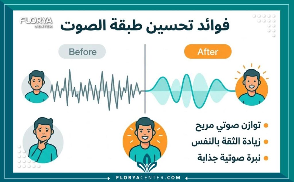 إنفوجرافيك يوضح مقارنة قبل وبعد تحسين طبقة الصوت، ويسلط الضوء على الفوائد مثل زيادة الثقة والتوازن الصوتي.