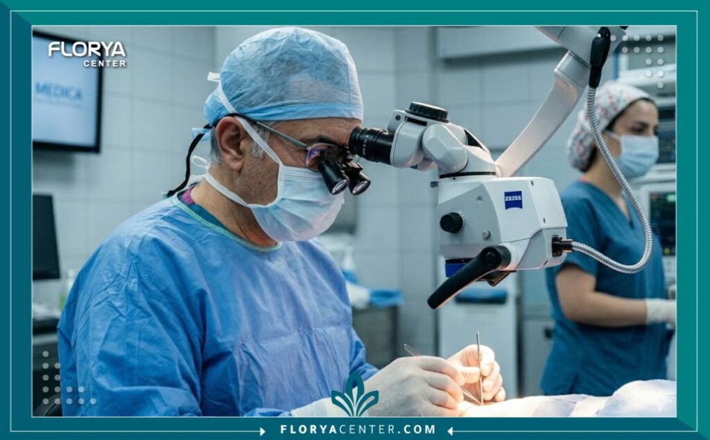 جراح تركي متخصص يقوم بإجراء عملية تخشين الصوت الدقيقة (Laryngoplasty) داخل غرفة عمليات حديثة في إسطنبول.