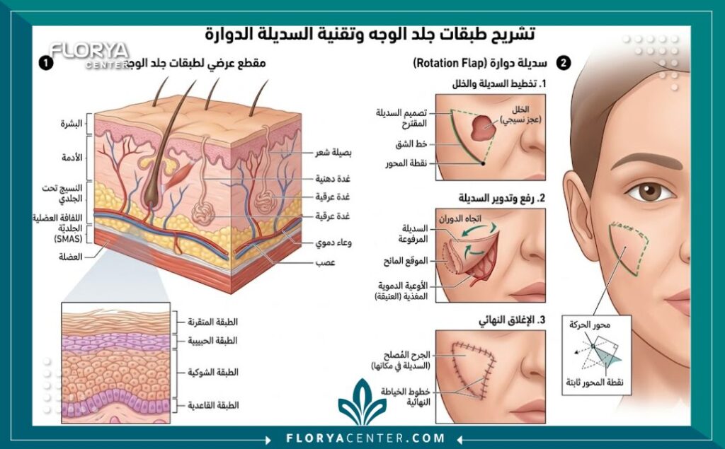رسم طبي توضيحي يوضح تشريح طبقات الجلد وكيفية نقل الأنسجة السليمة في ترميم الوجه بتقنية الـ Local Flaps.
