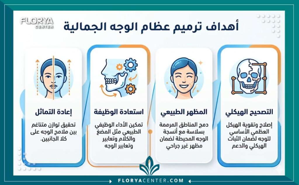 ترميم كسور عظام الوجه الجمالية 3 انفوجرافيك يوضح الأهداف الأربعة الرئيسية لجراحة ترميم كسور عظام الوجه الجمالية.