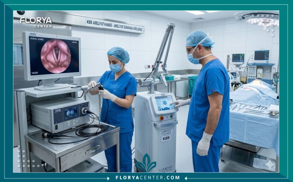 غرفة عمليات حديثة ومجهزة بأحدث التقنيات لعلاج الأحبال الصوتية وتصحيح الصوت في مستشفى تركي.