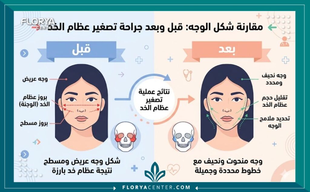 إنفوجرافيك يقارن بين شكل الوجه العريض قبل الجراحة والوجه النحيف المتناسق بعد عملية تصغير الوجنتين.