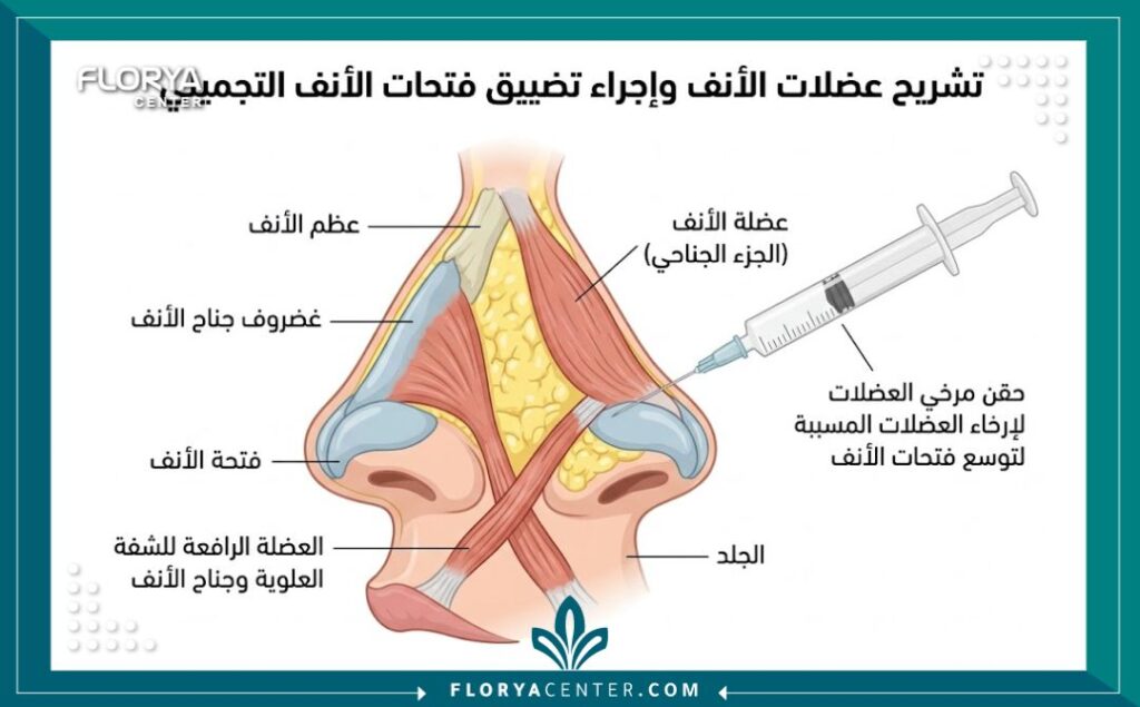 رسم توضيحي طبي لتشريح عضلات الأنف ونقاط حقن البوتوكس لإرخاء العضلة وتصغير الفتحات باللغة العربية.