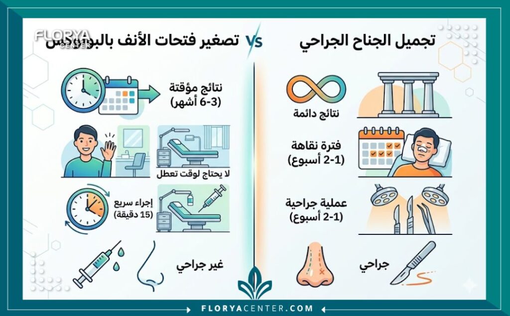 إنفوجرافيك مقارنة باللغة العربية بين تصغير فتحات الأنف بالبوتوكس وعملية تصغير الأنف الجراحية من حيث النتائج وفترة التعافي.
