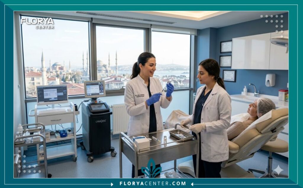 لقطة واقعية داخل غرفة عمليات معقمة واحترافية في مستشفى تركي حديث في إسطنبول لتجميل الأنف بالبوتوكس.