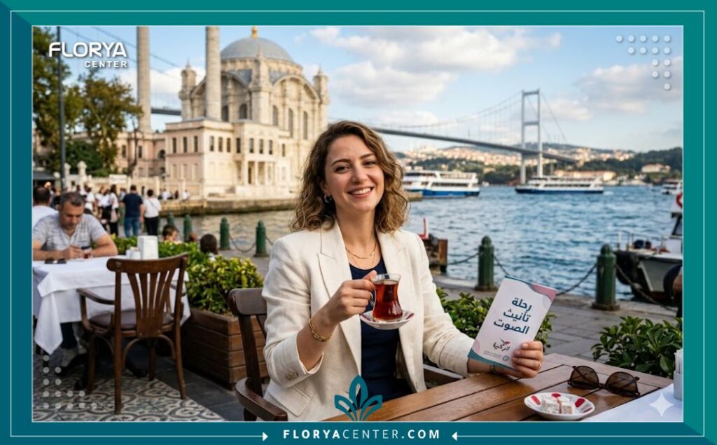 امرأة تجلس في مقهى مطل على مضيق البوسفور وجسر معلق في إسطنبول، تحمل كتيباً عن رحلة تأنيث الصوت في تركيا، تجسد دمج السياحة العلاجية والنتائج الإيجابية للعملية.