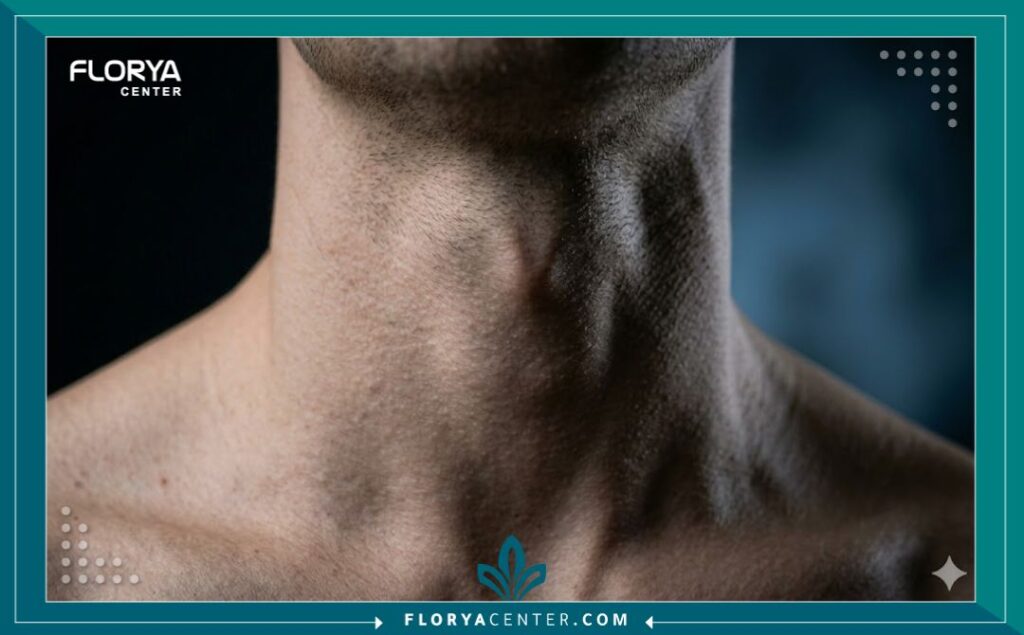 لقطة مكبرة جمالية تبرز منطقة تفاحة آدم والفك للرجل، وهي المنطقة المستهدفة في عمليات تجميل وتخشين الصوت للذكور في تركيا.