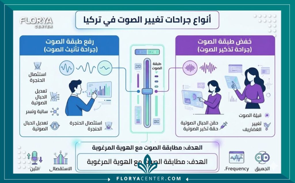 إنفوجرافيك يوضح الفرق بين عمليات تغيير طبقة الصوت في تركيا رفع طبقة الصوت (تأنيث) وخفض طبقة الصوت (تذكير) في المراكز الطبية التركية.