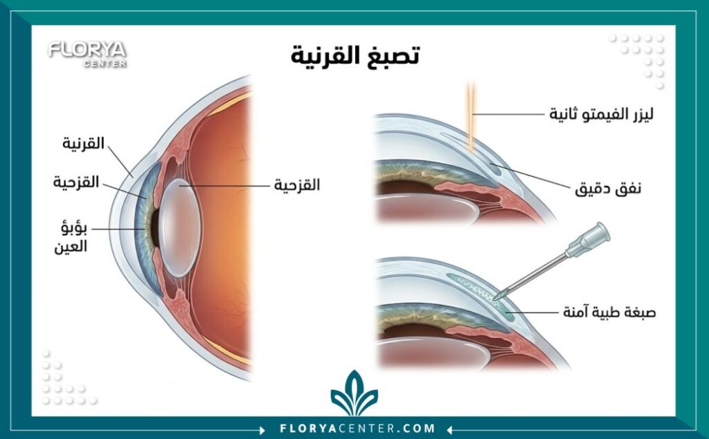 مخطط طبي يوضح كيفية إجراء عملية تصبغ القرنية (Keratopigmentation) لتغيير لون العين نهائياً.