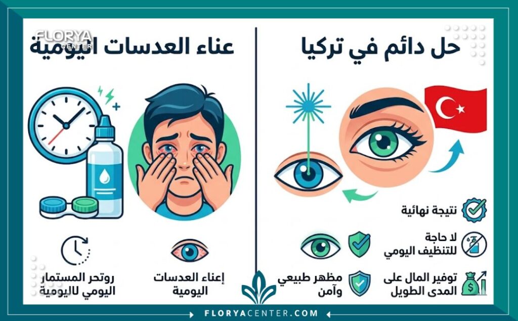 انفوجرافيك يقارن بين عناء العدسات اللاصقة اليومية ومميزات عملية تغيير لون العين الدائم في تركيا.