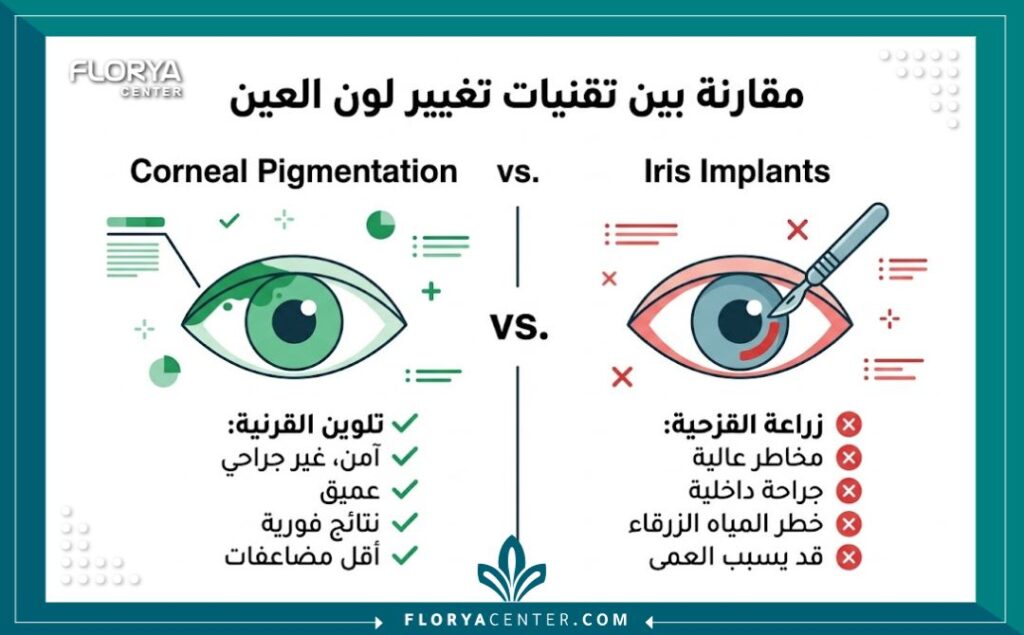 إنفوجرافيك تجميلي يقارن بين سلامة تقنية تلوين القرنية (Keratopigmentation) ومخاطر عملية زراعة القزحية لتغيير لون العين بالقرنية في تركيا، مع نصوص توضيحية بالعربية.