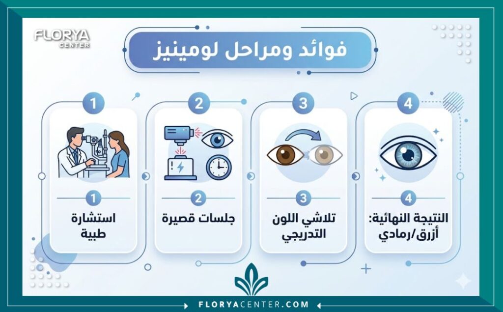 إنفوجرافيك يوضح خطوات وفوائد عملية تغيير لون العين بتقنية لومينيز