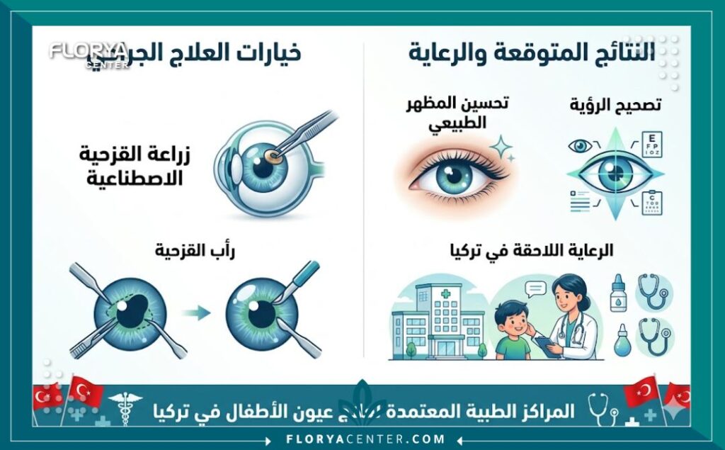 إنفوجرافيك طبي يقارن بين خيارات علاج تشوهات القزحية وتغيير لون العين للاطفال في تركيا، بما في ذلك زراعة القزحية الاصطناعية ورأب القزحية.