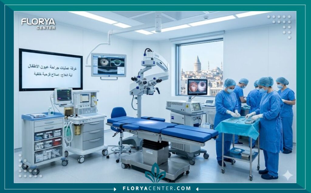 غرفة عمليات معقمة ومجهزة بأحدث التقنيات لجراحة عيون الأطفال وتصحيح القزحية الخلقية في مستشفى متخصص في تركيا.