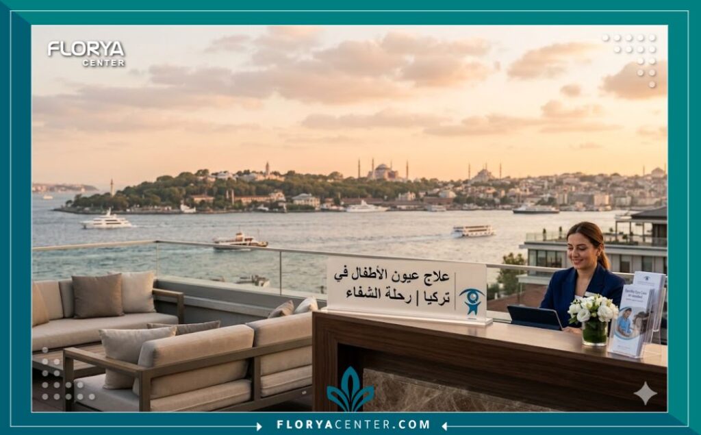 منظر بانورامي مضيق البوسفور في إسطنبول مع لافتة تشير إلى خدمات علاج عيون الأطفال وزراعة القزحية الطبية في تركيا.