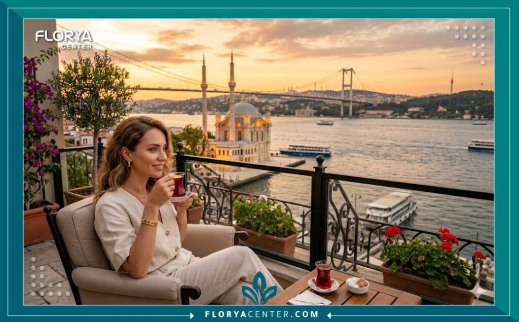 صورة بانورامية تجمع بين جمال اسطنبول والراحة الفاخرة؛ حيث تظهر امرأة ذات عيون فاتحة جذابة (بعد الإجراء) وهي تسترخي على شرفة تطل على مضيق البوسفور، وتستمتع بشاي تركي في وقت غروب الشمس الذهبي. خلفية مذهلة لمعالم اسطنبول (مسجد أورتاكوي وجسر البوسفور) توحي برحلة سياحة علاجية ناجحة ومريحة في تركيا.