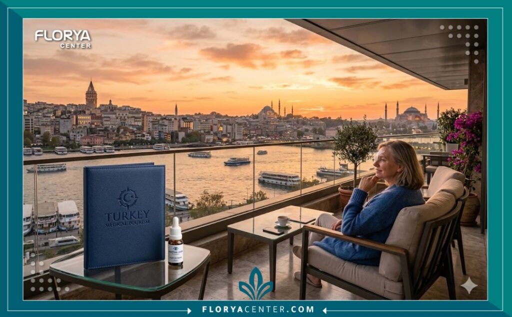 منظر بانورامي لمدينة اسطنبول وقت الغروب، يجمع بين جمال السياحة في تركيا وفكرة رحلة علاجية ناجحة لتغيير لون العيون بدون جراحة.