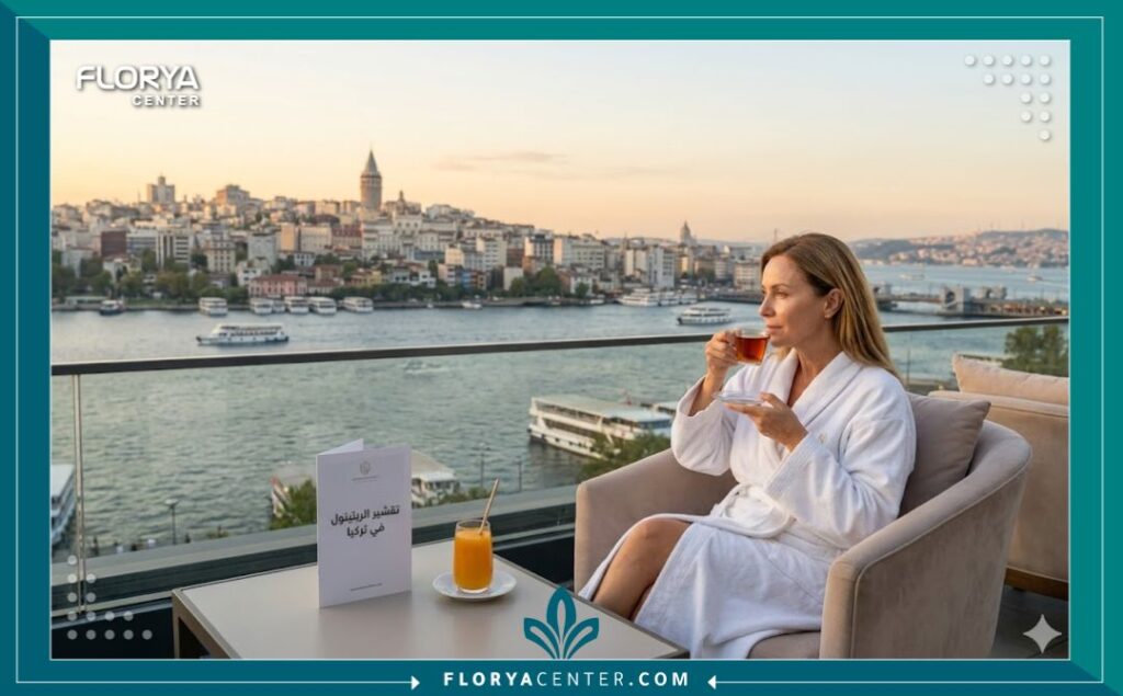مريضة مسترخية تتمتع بشرة نضرة على شرفة عيادة فاخرة في اسطنبول تطل على البوسفور، تعبر عن تجربة السياحة العلاجية لتقشير الريتينول.
