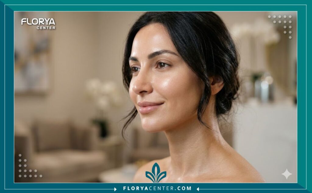 لقطة مقربة جمالية تبرز بشرة وجه ورقبة نموذج بعد تقشير الفي كيو الشامل (VQ Peel)، تظهر النضارة، التفتيح، والشد، مع إضاءة خافتة تركز على النتيجة.