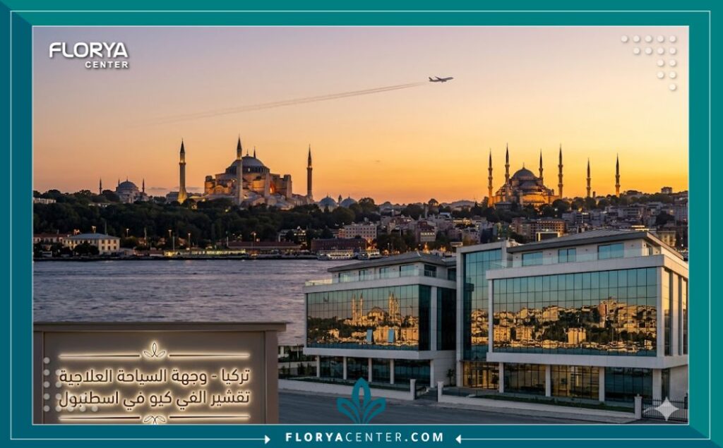 لقطة بانورامية لمدينة اسطنبول في تركيا تجمع بين المعالم الشهيرة وفكرة السياحة العلاجية، ترمز إلى إجراء تقشير الفي كيو الشامل في تركيا في وجهة سياحية مميزة.