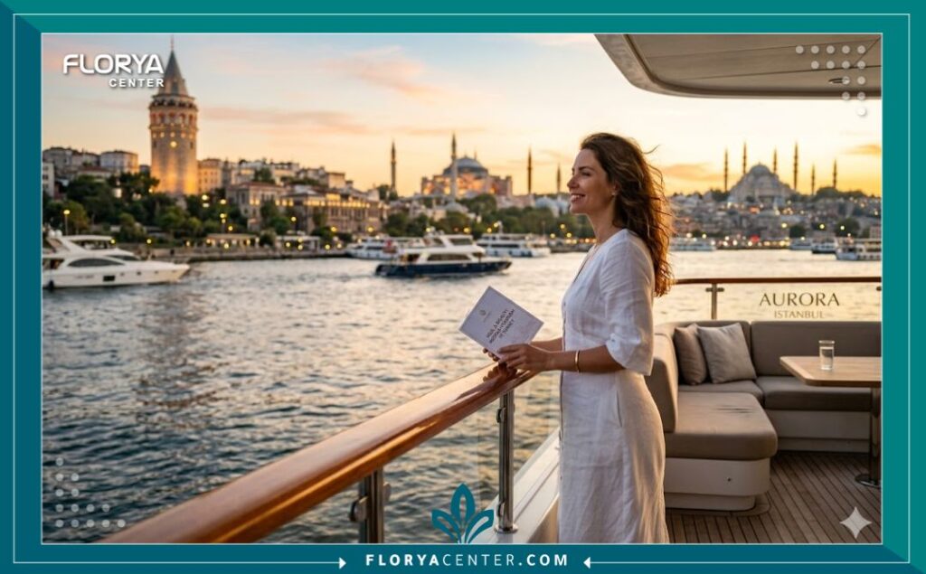 سيدة تستمتع بإطلالة بانورامية ساحرة على مضيق البوسفور والمعالم التاريخية في إسطنبول بعد الانتهاء من جلسات تقشير الكربون المجهري للمسام، تجمع بين الجمال والسياحة العلاجية.