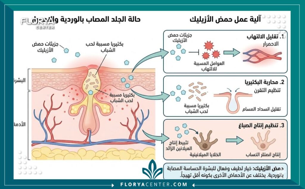 مخطط توضيحي لكيفية عمل حمض الأزيليك على البشرة الحساسة وعلاج الوردية.