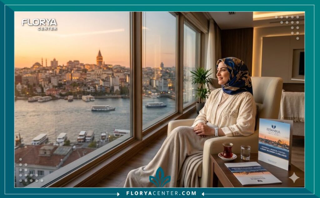 مريضة تسترخي في صالة تعافي فاخرة في إسطنبول تطل على مضيق البوسفور بعد العلاج.