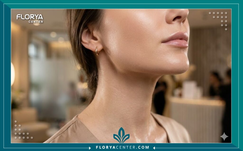 لقطة مقربة تظهر النتيجة التجميلية لشد جلد الفك والرقبة بعد العلاج بتقشير حمض البيروفيك في تركيا.