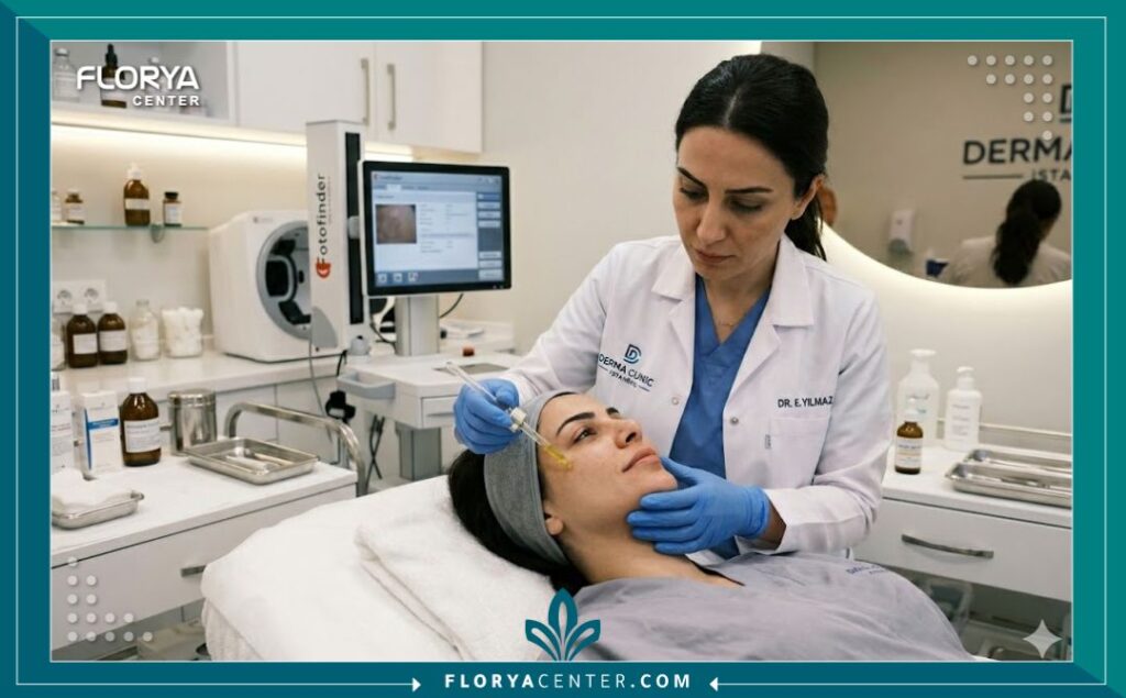 طبيب جلدية متخصص يقوم بتطبيق جلسة تقشير حمض الكوجيك على وجه مريضة في عيادة تجميل متقدمة في تركيا.