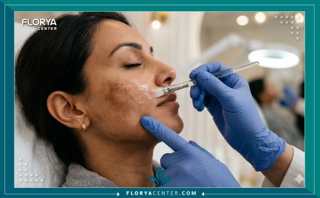 لقطة مقربة تجميلية تركز على منطقة الكلف أثناء تطبيق مقشر حمض الكوجيك لتفتيح البقع العميقة.