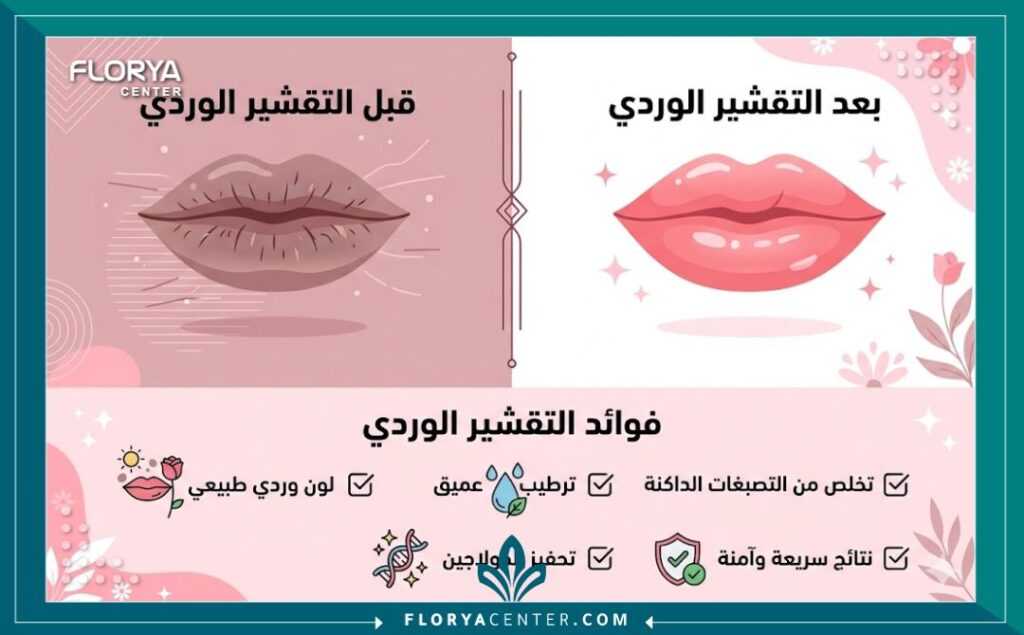 إنفوجرافيك يوضح مقارنة قبل وبعد تقنية التقشير الوردي لتوريد الشفايف وقائمة بأهم الفوائد الجمالية للتخلص من السواد.
