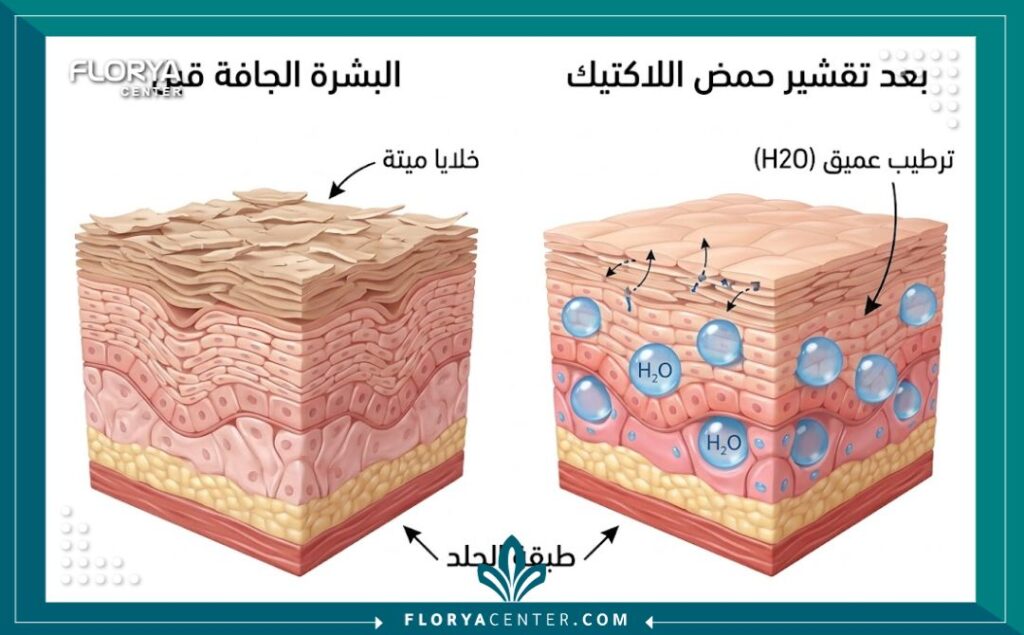 رسم تخطيطي طبي يوضح كيف يعمل تقشير حمض اللاكتيك على إذابة الجلد الميت وزيادة ترطيب طبقات البشرة الجافة.