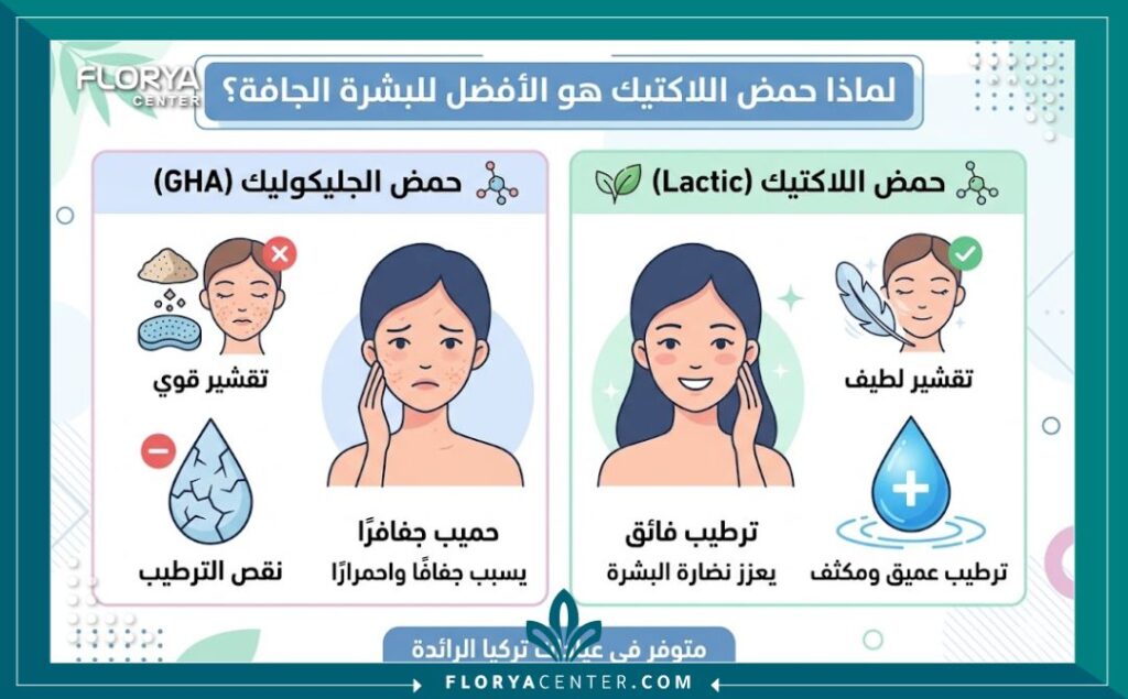 إنفوجرافيك يقارن بين أنواع التقشير الكيميائي، موضحًا تفوق تقشير حمض اللاكتيك لترطيب البشرة الجافة مقارنة بالأحماض الأخرى.