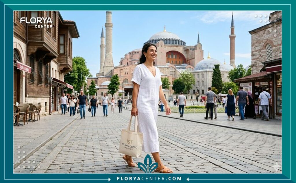 سيدة تستمتع بالسياحة في إسطنبول أمام آيا صوفيا بعد الانتهاء من رحلة علاج البشرة وتقشير الماندليك في تركيا.