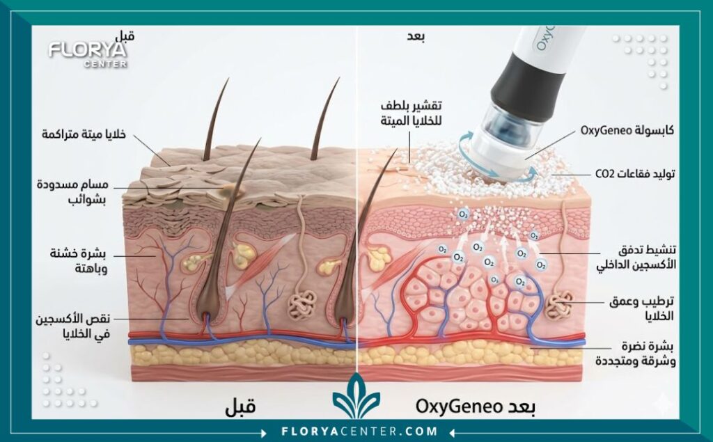 رسم تخطيطي طبي يوضح آلية عمل تقنية الأكسجينيو في تحفيز الأكسجين الداخلي وترطيب طبقات الجلد وعملية التقشير.