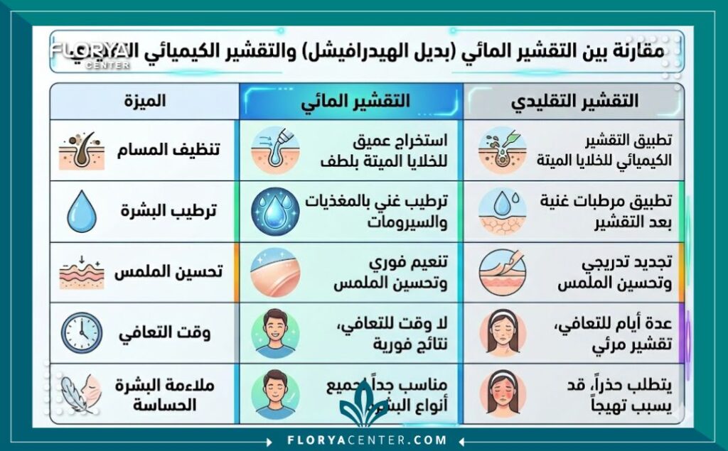 إنفوجرافيك مقارنة بين فوائد تقنية التقشير المائي في تركيا (بديل الهيدرافيشل) والتقشير الكيميائي التقليدي لتجديد البشرة وتنظيفها.