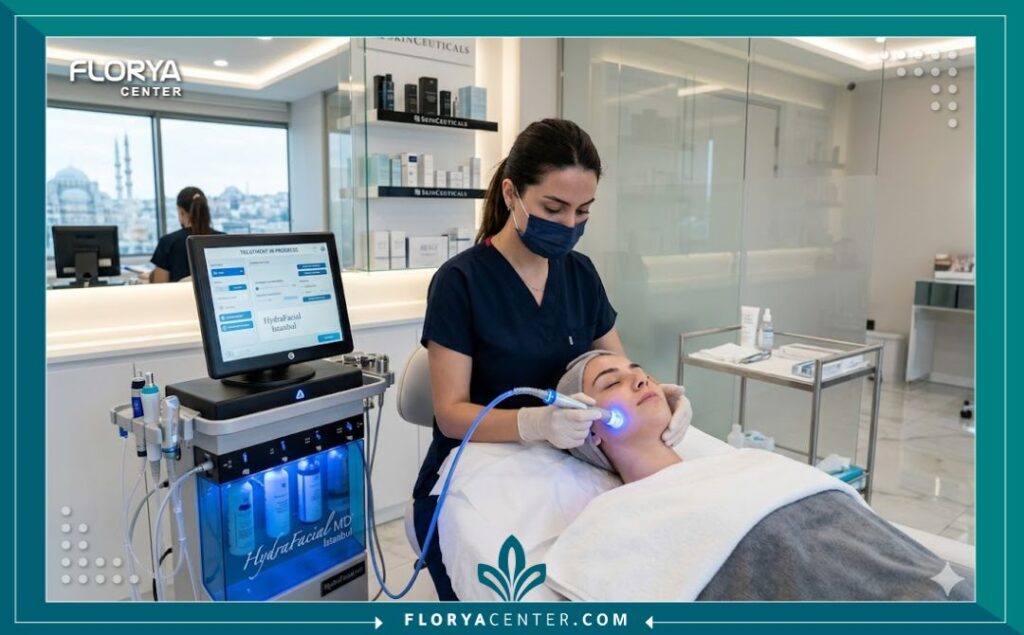 أخصائية تجميل تستخدم جهاز التقشير المائي المتقدم في عيادة طبية نظيفة ومجهزة في اسطنبول لعلاج البشرة.