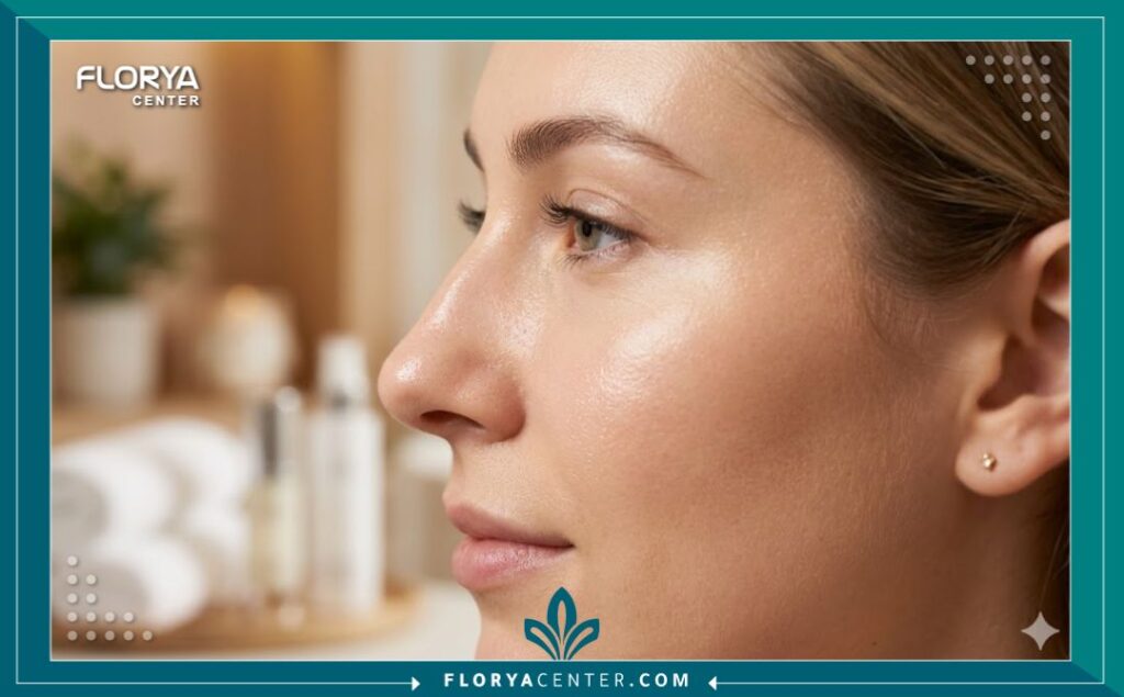 لقطة ماكرو تجميلية تركز على بشرة وجه نموذجية منتعشة ومتوهجة وخالية من العيوب بعد علاج التقشير المائي لتنظيف المسام.