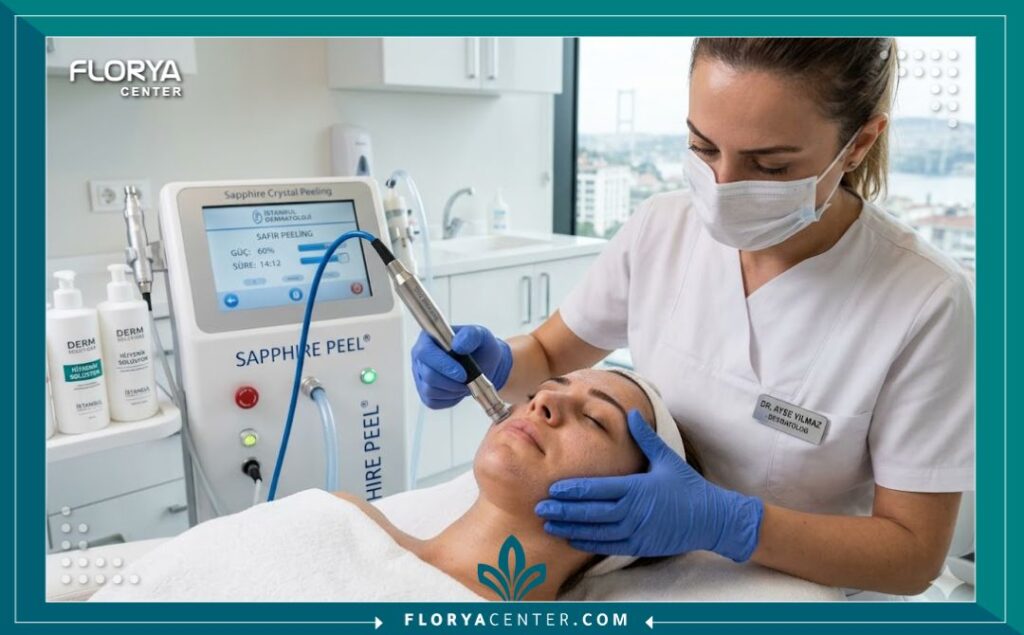 لقطة واقعية من داخل عيادة تجميل حديثة في تركيا، تظهر طبيبة جلدية محترفة تقوم بإجراء التقشير ببلورات الياقوت على وجه مريضة باستخدام جهاز متخصص، في بيئة طبية معقمة.