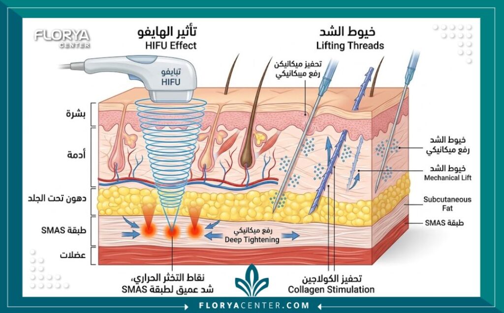 رسم تخطيطي طبي يوضح عمق تأثير تقنية الهايفو على طبقة SMAS ومكان وضع خيوط الشد في طبقات الجلد.