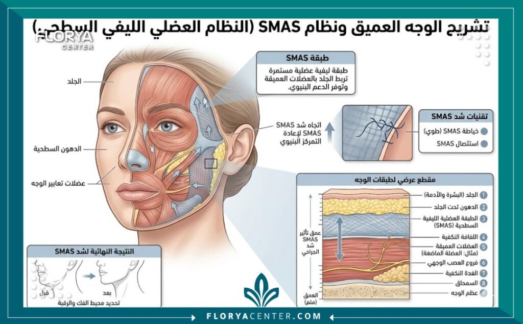 تقنية الـ Smart SMAS لشد الأنسجة العميقة 2 رسم تخطيطي طبي يوضح تشريح الوجه وموقع طبقة الـ SMAS لشد الأنسجة العميقة بأمان.